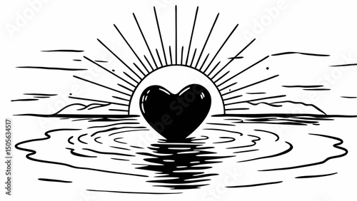 A heart shape in water with sun rays and distant mountains in black and white line art style view created with generated ai