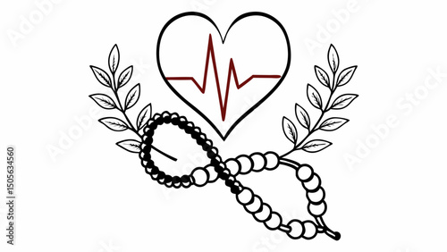 Heart symbol with pulse line above beaded infinity symbol and foliage on either side in black and white created with generated ai