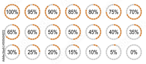 Round diagrams icons for infographics from 0 to 100 percent. Percentage infographics elements. Orange, grey color fill divided pie charts indicator. Circle flat graph loading progress.