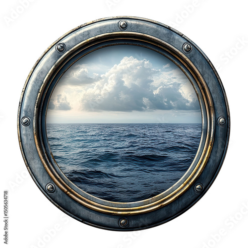A tranquil ocean view framed by a vintage porthole suggesting adventure on transparent background