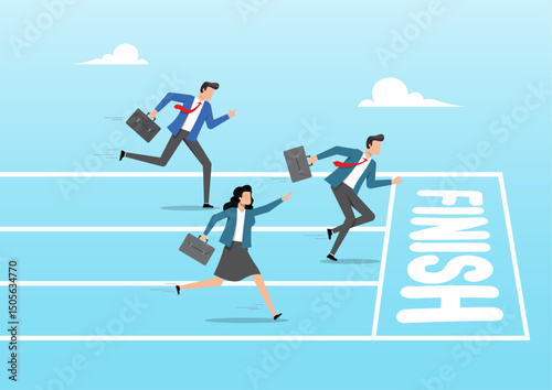 three businesspeople running on a track toward a finish line labeled “FINISH.” 
