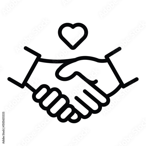 An illustration depicting two hands shaking, symbolizing an agreement, with a heart above, representing love and compassion.