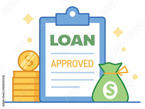 Loan Approved Illustration with Money Bag and Coins Vector Illustration
