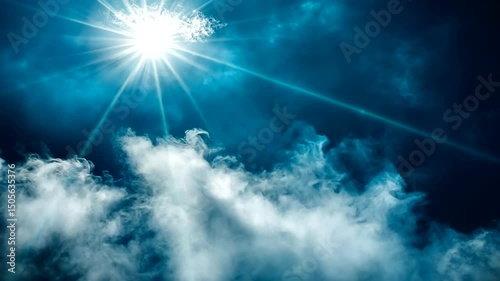 A dreamy, dramatic scene featuring white clouds ascending into a dark blue sky, illuminated by a bright, radiant, stylized sunlight