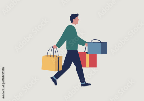 Businessman walking carrying multiple shopping bags in minimalist flat vector style concept of shopping and consumerism with casual clothing