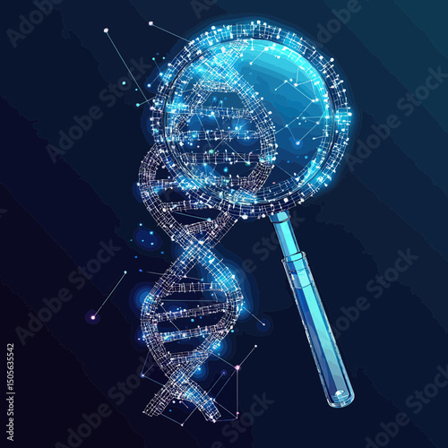 3D DNA double helix with magnifying glass digital wireframe mesh illustration of genetic research and molecular analysis glowing blue technology background