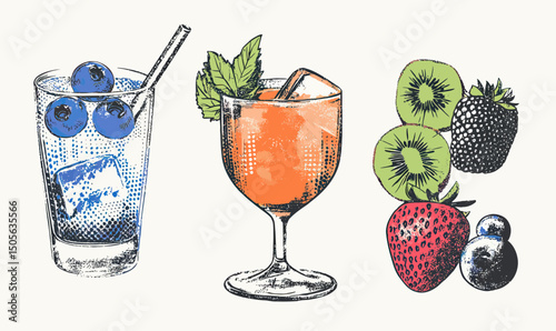 Vector illustration of two refreshing cocktails with ice and fruit garnishes including blueberries, kiwi slices, strawberry, and blackberry with halftone dotted texture in retro pop art style