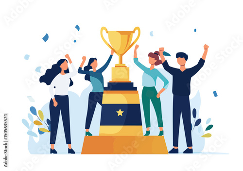 Business team celebrating victory holding large golden trophy on podium with confetti and raised fists achievement and success concept flat vector illustration