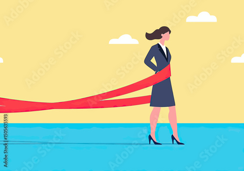 Businesswoman restricted by red tape concept illustration showing professional woman struggling to break barriers at work with minimalist flat design style and pastel background colors
