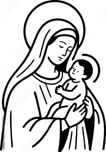 illustration of mother maria holding child vector line art
