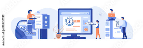 Online banking transaction process with diverse people transferring money from ATM to computer and filing documents in office flat vector illustration