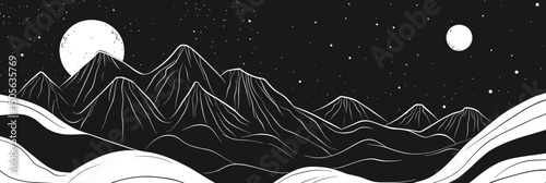 Black and white minimalist mountain landscape with moon and stars night sky outline vector engraving style nature scenery illustration