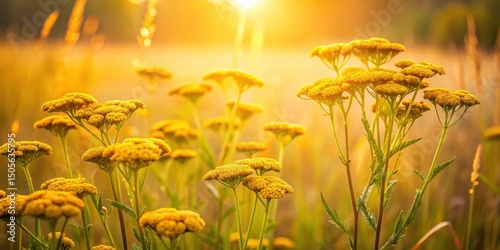 Fototapeta Naklejka Na Ścianę i Meble -  Golden Yarrow blossoms sway gently in late summer meadow amidst tall grasses and wildflowers, with sunlight casting a warm glow on the scene, botanical photography, late summer