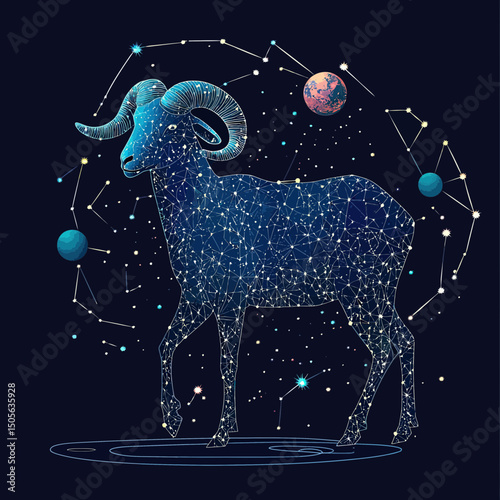 Constellation ram zodiac starry sky astrology aries cosmic galaxy vector illustration night space horns planetary system celestial animal design