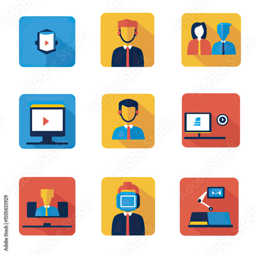 Flat minimalist vector icons set of business people and computer screens for online webinar, video play, communication, and technology concepts with vibrant colors and long shadow style