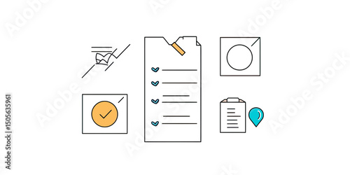 Checklist document with tick marks and approval icons in flat minimalist style for quality control and task completion concept vector illustration