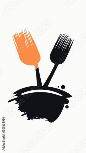 Minimalist vector illustration of two paintbrushes with black and orange bristles and paint splash design isolated on white background for painting and creative art concepts