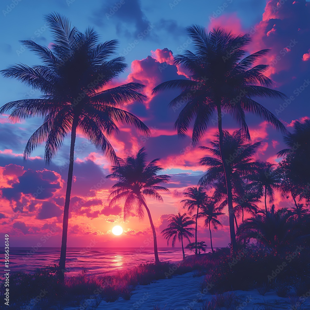 Obraz premium Beautiful Beach at Sunset with Vibrant Pink Skies and Palm Trees
