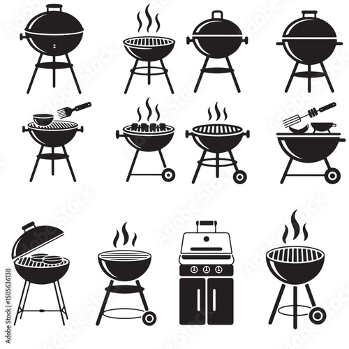 Different Types of Black and White BBQ Grill Icons, Silhouette Collection of Men Grilling and Barbequing
