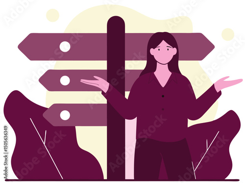 Woman Deciding Future Path at Crossroads Signpost Vector Illustration