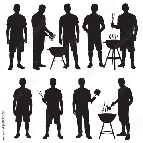 Different Types of Black and White BBQ Grill Icons, Silhouette Collection of Men Grilling and Barbequing