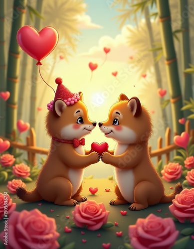 Adorable teddy bears sharing a heartfelt moment amidst blossoming roses