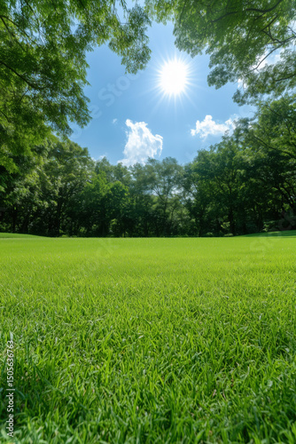 trimmed grass on a lawn, vertical background, sunny sky in the background