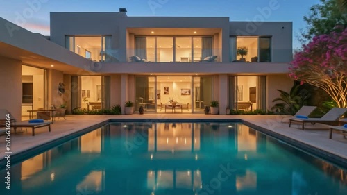 Wallpaper Mural Evening view of a modern house with a swimming pool and lounge chairs under a twilight sky scene here Torontodigital.ca