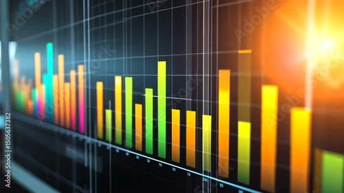 A close-up image shows a computer screen with a colorful bar graph against a black grid and a soft orange glow at the right edge