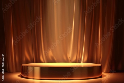 Golden podium with soft curtain background and dramatic lighting. Luxury stage concept.
