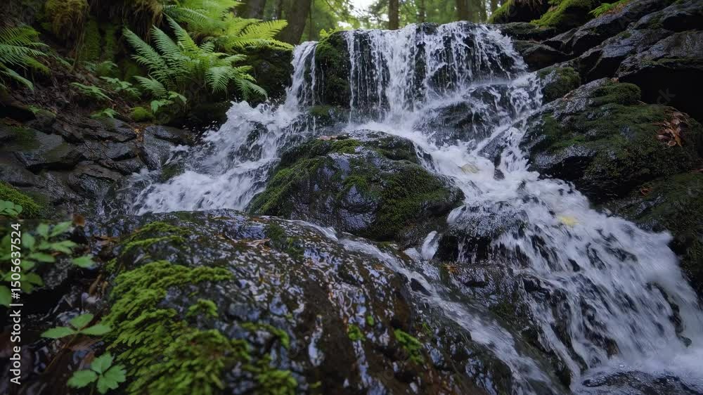 Cascading water streaming over mossy stones, generating tranquil woodland ambient sounds Cascading water streaming over mossy stones, generating tranquil woodland ambient sounds
