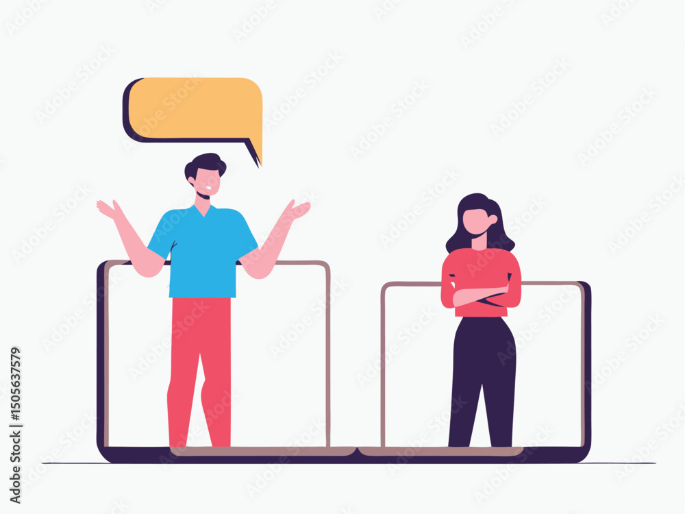 Fototapeta premium Online Meeting Frustration: Man Explains, Woman Unresponsive Vector Illustration