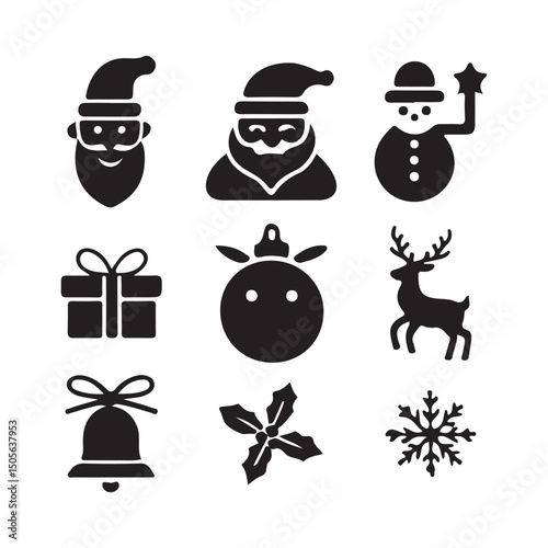 A set of nine simple, black and white Christmas icons, perfect for representing festive elements on white background