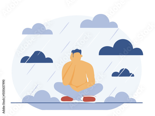 Sad Man Sitting in the Rain Depressed Vector Illustration