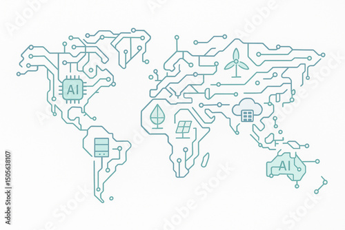 Minimalist World Map with Circuit Technology Elements