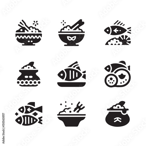 A set Black and white food icons depicting various cuisines and dishes on white