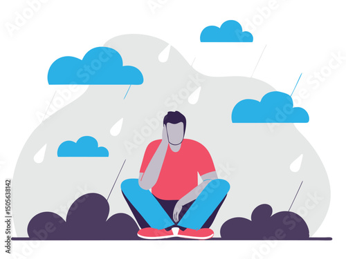 Sad Man Sitting Under Rainy Clouds Feeling Depressed Vector Illustration