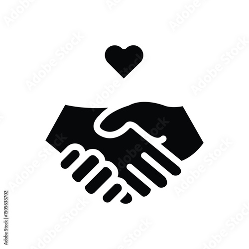 Black and white icon depicting two hands clasped in a handshake with a heart above symbolizing love and partnership