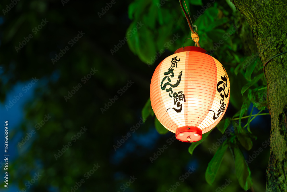 Obraz premium Japanese lanterns of Morioka Sansa Odori Festival illuminating trees at night, casting a warm glow on the traditional summer celebration. Morioka, Japan. Japanese translation : Morioka Sansa Odori.