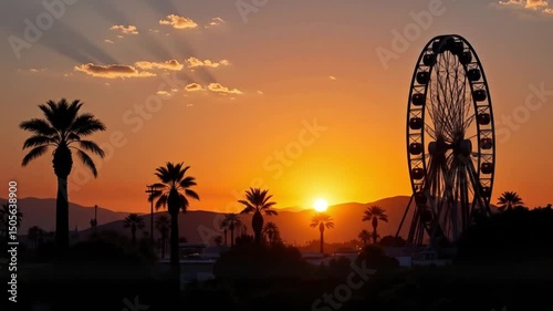 Sunset over Ferris wheel with palm trees in silhouette  