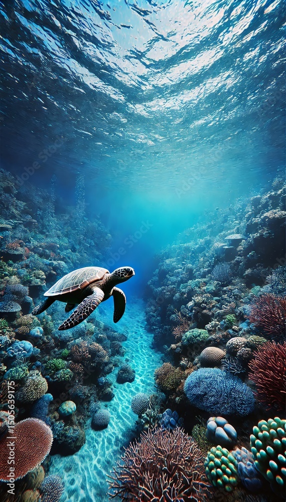 Fototapeta premium Sea Turtle Swimming Over Coral Reef could be found tropical country Indonesia, Maldives, etc. Underwater Marine Life Scene.