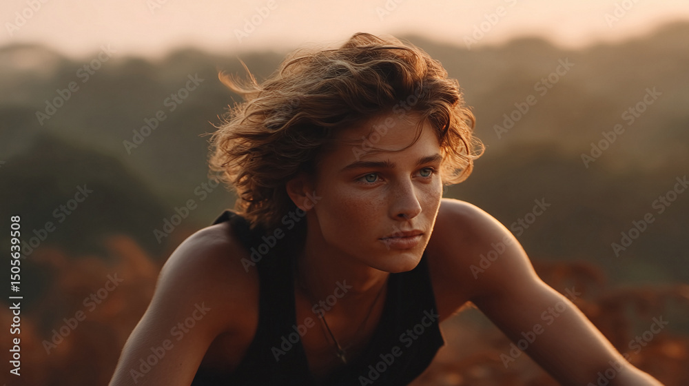 Naklejka premium Portrait of a young person at sunset, gazing towards the horizon. Concept of hope, reflection, and natural beauty. Ideal for travel, lifestyle, and wellness content.