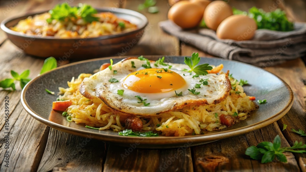 A steaming plate of breakfast with a perfectly cooked egg and golden-brown hash browns, garnished with fresh herbs and a sprinkle of grated cheese on the side , kitchen, food A steaming plate of breakfast with a perfectly cooked egg and golden-brown hash browns, garnished with fresh herbs and a sprinkle of grated cheese on the side , kitchen, food