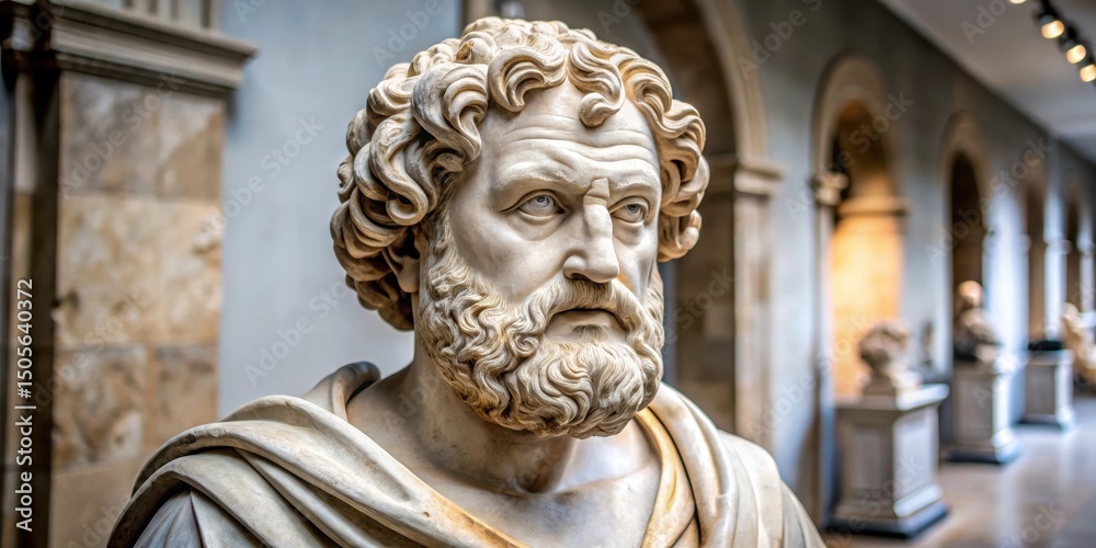 Fototapeta premium Ancient Greek statue of Demokritos in a museum , marble, ancient greece, marble, ancient greece, classical art, history