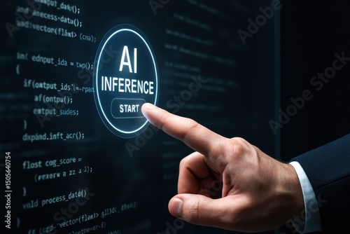 A business professional initiates AI inference through a smart interface reflecting innovation and strategy for efficient decision making