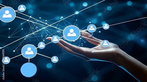 A hand extends, supporting interconnected user icons, amidst a web of networks against a bokeh-lit blue gradient backdrop