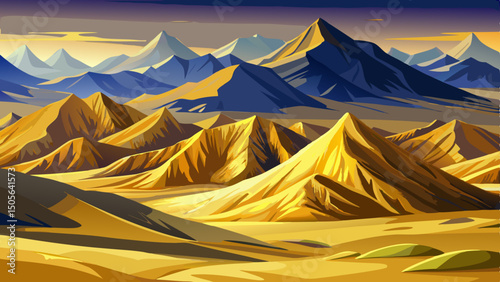 Golden sand dunes of Nubra Valley nestled in the high-altitude cold desert of Ladakh, India, surrounded by rugged Himalayas and scattered green patches under golden sunlight