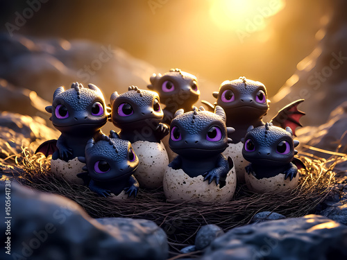 A total of 7 black and purple-eyed dragon cubs have just hatched from their eggs.
