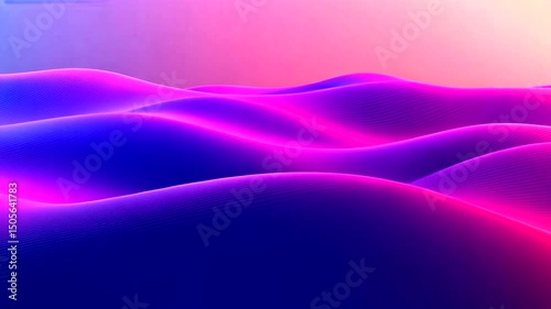 Undulating abstract landscape of stylized hills gradients of pink, purple, and blue, with fine parallel lines creating texture