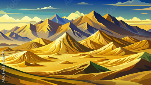 Golden sand dunes of Nubra Valley nestled in the high-altitude cold desert of Ladakh, India, surrounded by rugged Himalayas and scattered green patches under golden sunlight